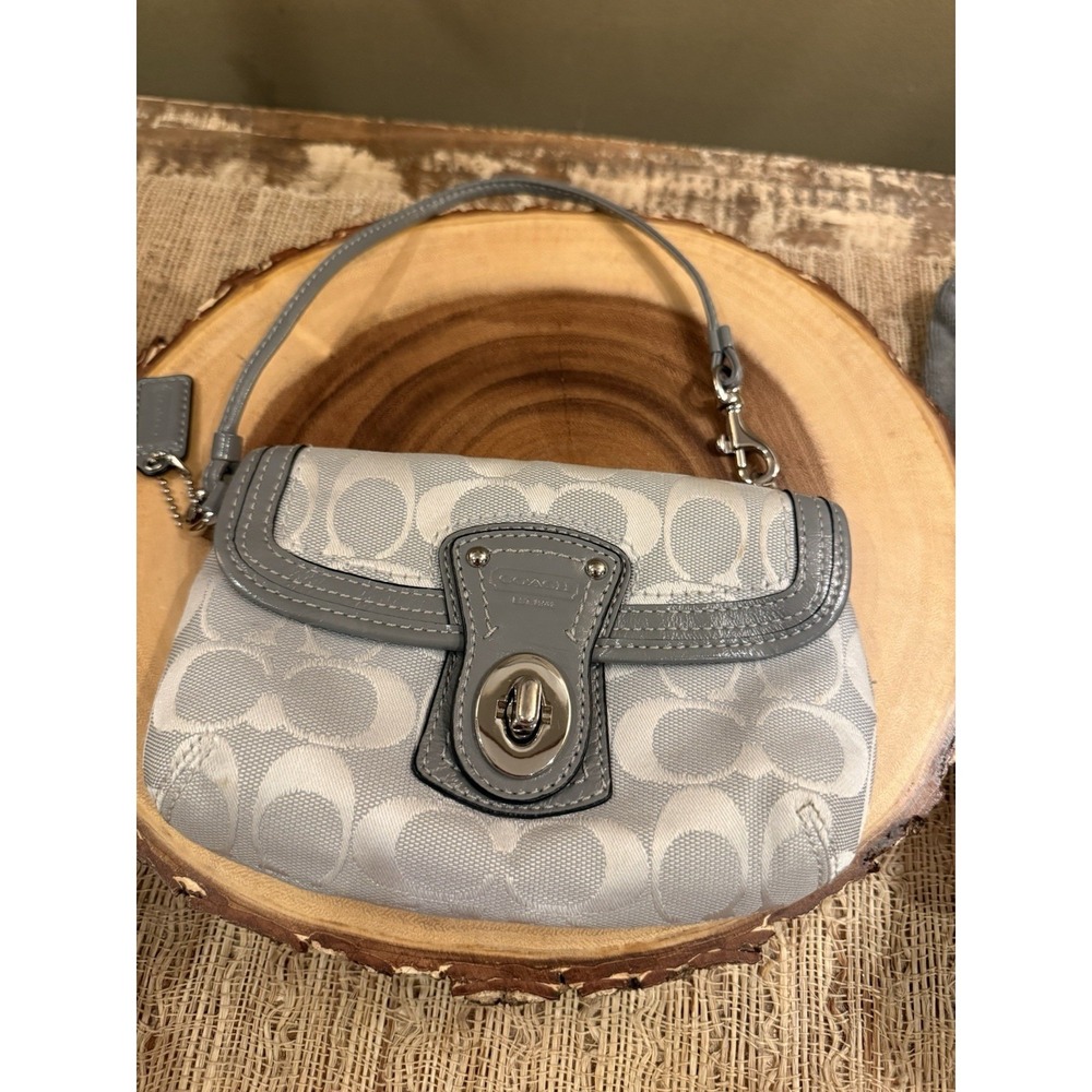 Coach Y2K‎ Rare Grey Signature Fabric Leather Turnlock Mini Bag Wristlet